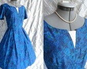 50s Dress // Vintage 1950s Blue Roses Floral Print Party Dress with White Accent Size M