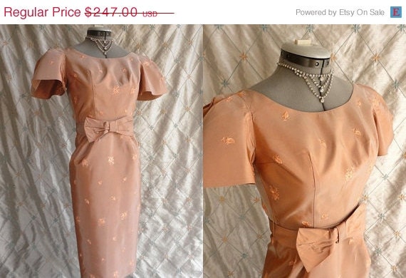 Sale 50s Dress // 50s Party Dress // Vintage 1950s Shimmering Pale Copper Taffeta Wiggle Party Dress by Lorrie Deb San Francisco Size XS