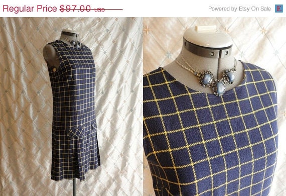 Sale 60s Dress // Vintage 1960s Navy Blue Wool Dress with Yellow Plaid Size M