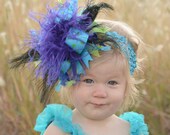 Peacock Feather Turquoise, Lime and Royal Over The Top Boutique Hair  Bow Free Shipping On All Addional Items