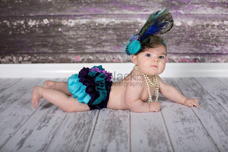 The Royal Collection -' Princess Daisy's Peacock '-Fancy Pants Ruffled Diaper Cover with Matching Vintage Inspired Headpiece-PHOTO PROP