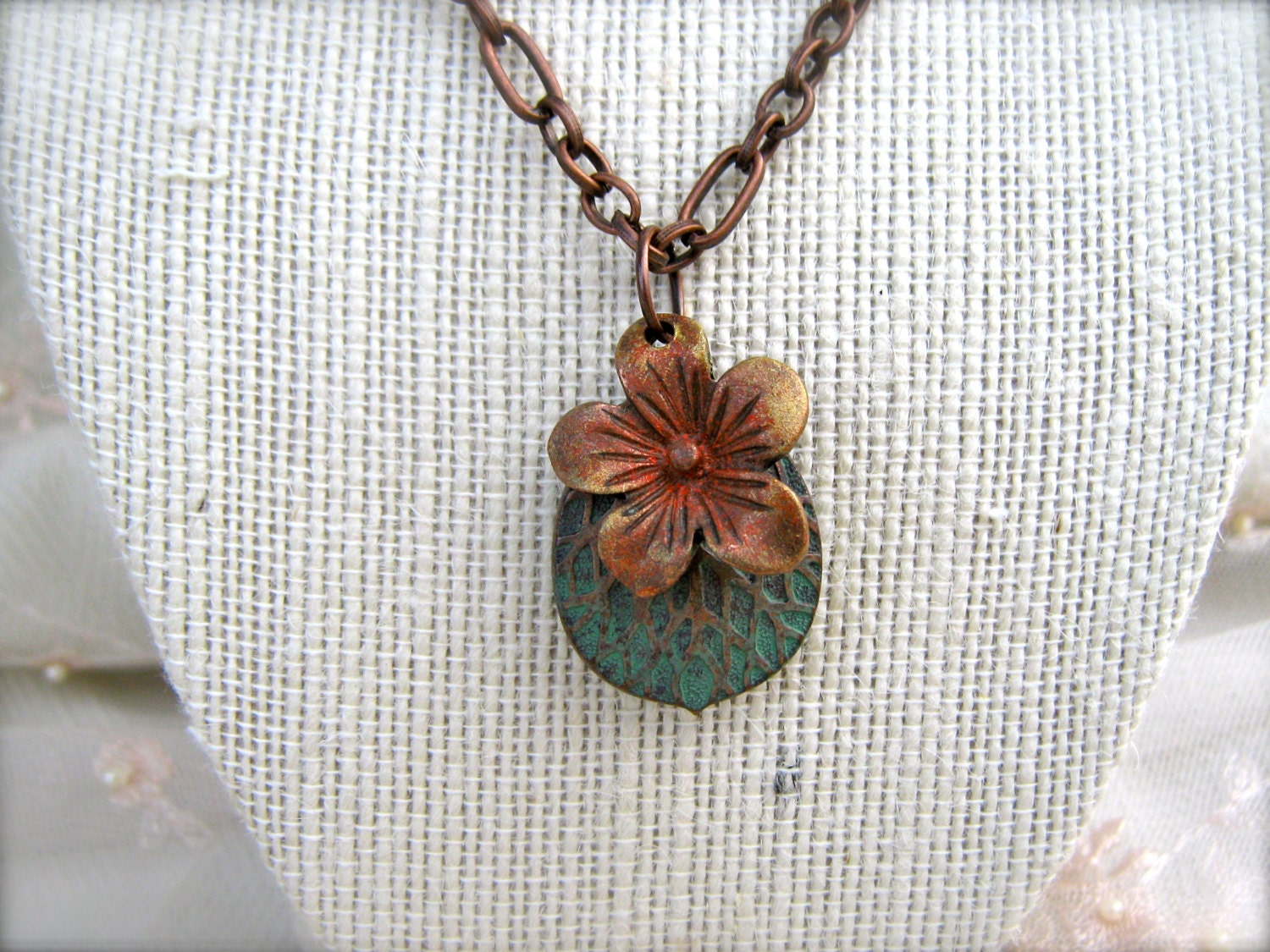 Flower Charm Necklace. Patina Leaf Necklace. Orange Flower. Patinaed Copper Leaf Charm. Hand Painted Charm Necklace. Copper Chain Necklace.
