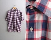 vintage men's '80s red, white & blue JULY 4TH PLAID short sleeve summer button-up shirt. size l xl.