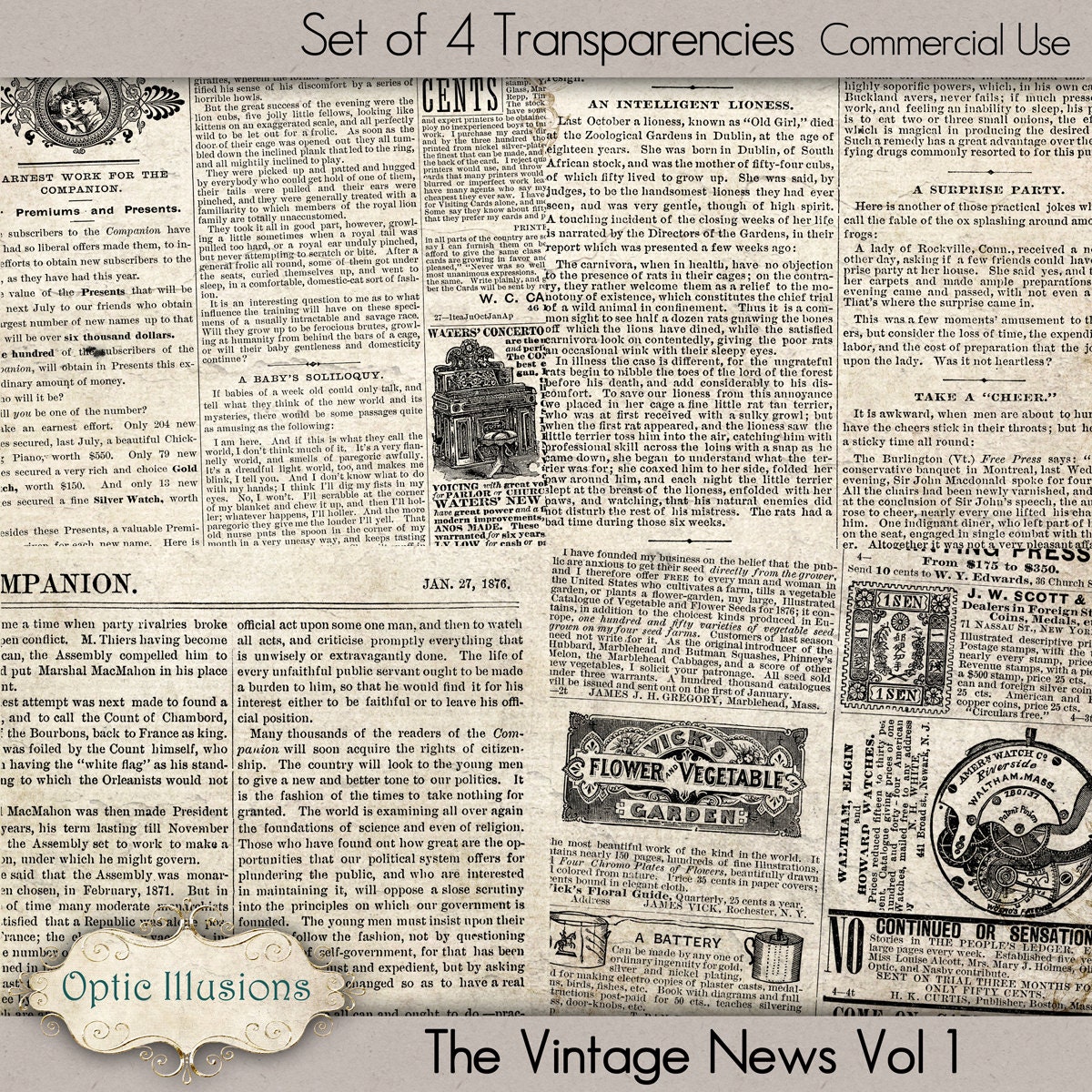New - The Vintage News - TRANSPARENCIES -  Vol 1 - Digital Scrapbooking Overlays - 12 x 12 inch - cu for cu friendly