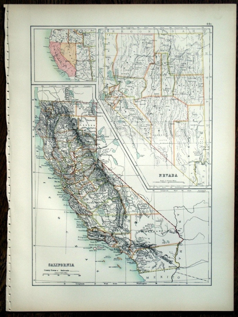 1890 Large Special Library Edition Antique Map of California and Nevada