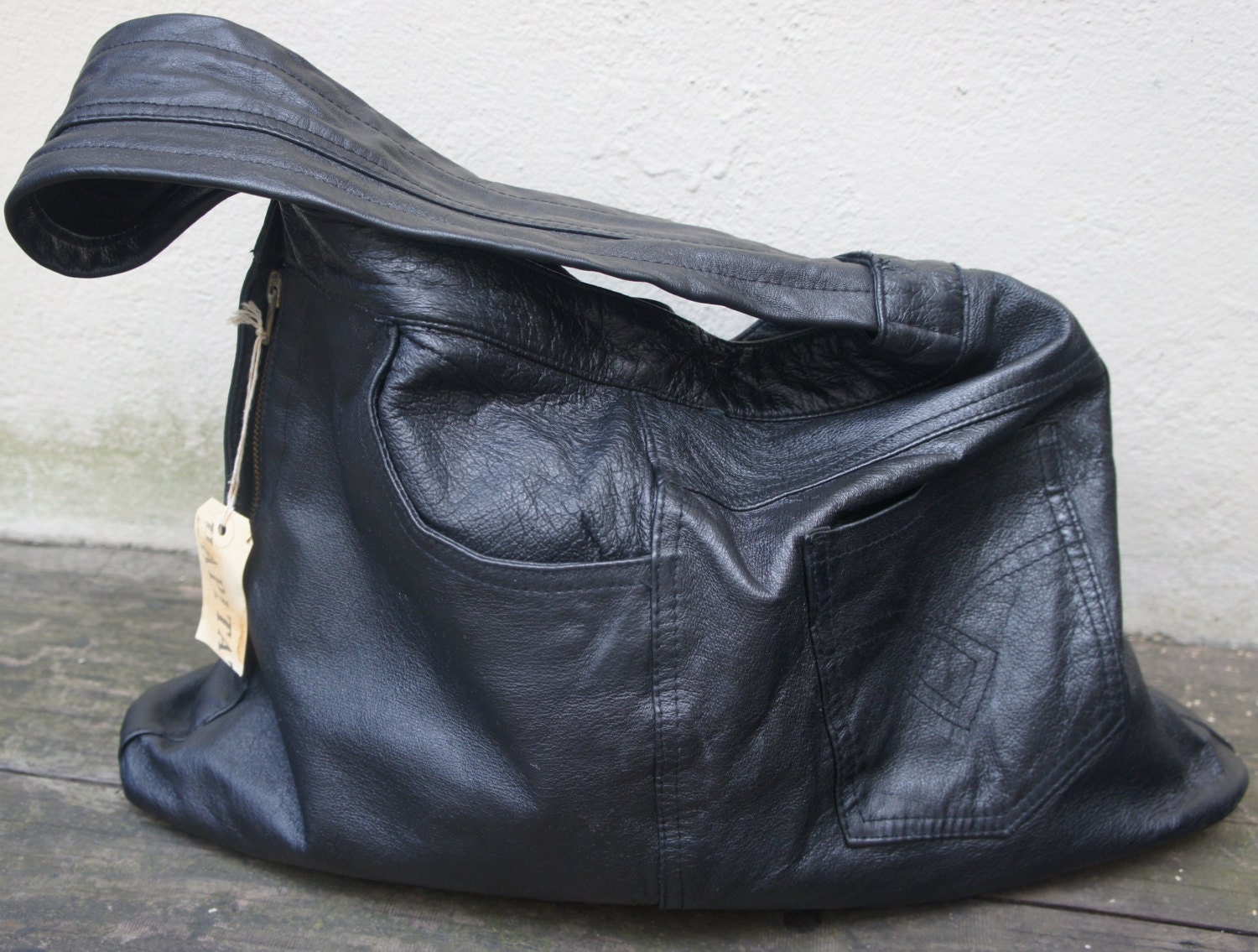 Recycled black leather pants/trousers purse/handbag