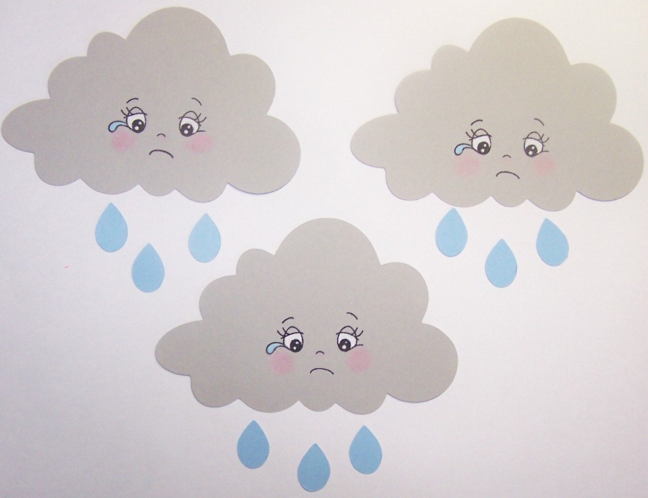 Die Cut Raindrops and Cloud Hand Stamped 12pcs