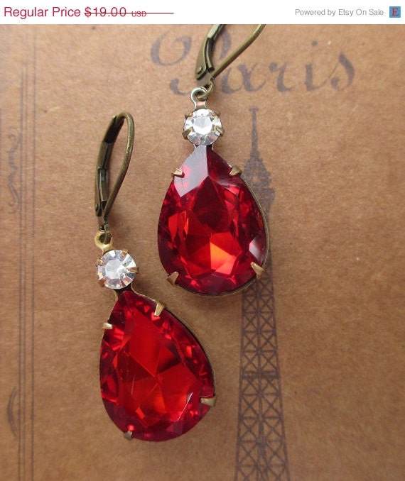 Memorial Day SALE 15% Off July Birthstone Ruby Red Earrings Estate Style Jewelry Bridesmaid Gift Art Deco Earrings Rhinestone Great Gatsby