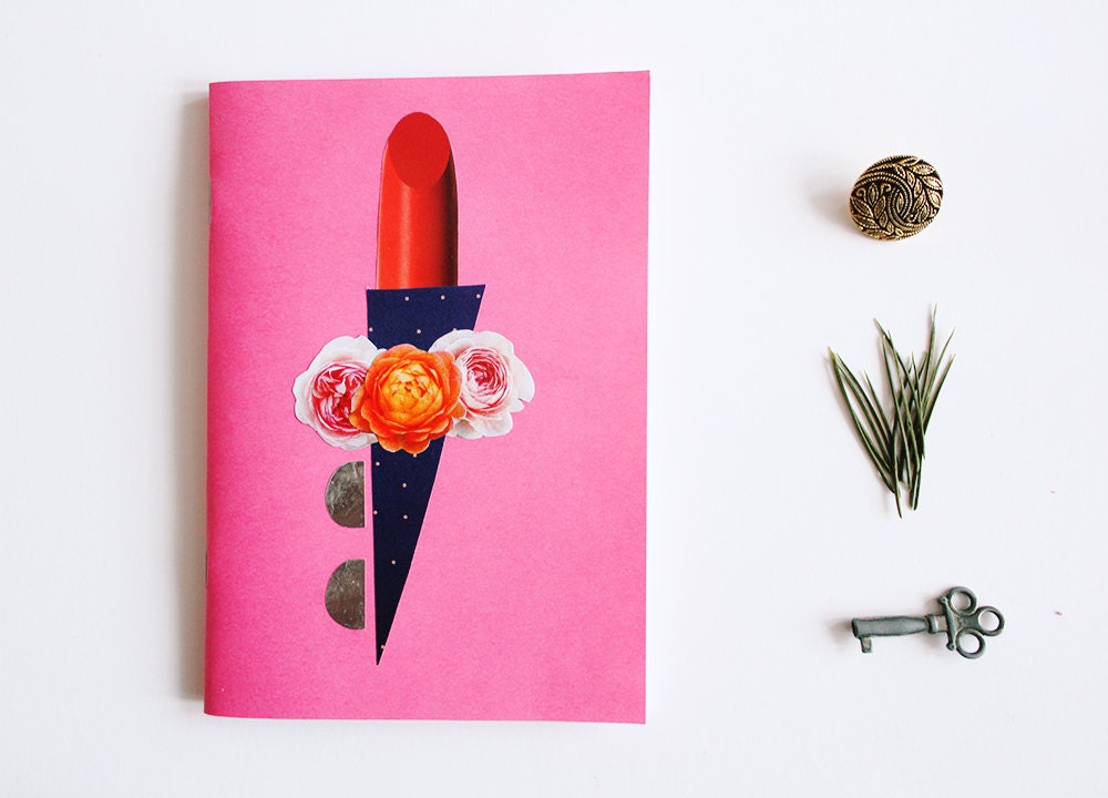 a6 paper notebook - pink - vintage, retro, collage, unique, lipstick, flowers, blank