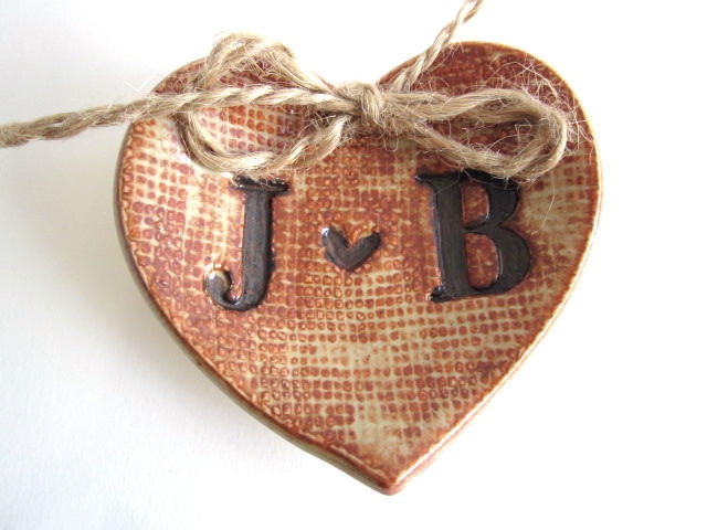 Ring bearer pillow, rustic woodland wedding ring dish , monogram heart, burlap texture ring holder handmade ceramic