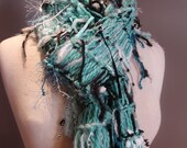 Dumpster Diva Aquafina Scarf - Multitextural Fringed Teal, Silver, Grey, Black, White, Aqua knit wide scarf by rockpaperscissorsetc