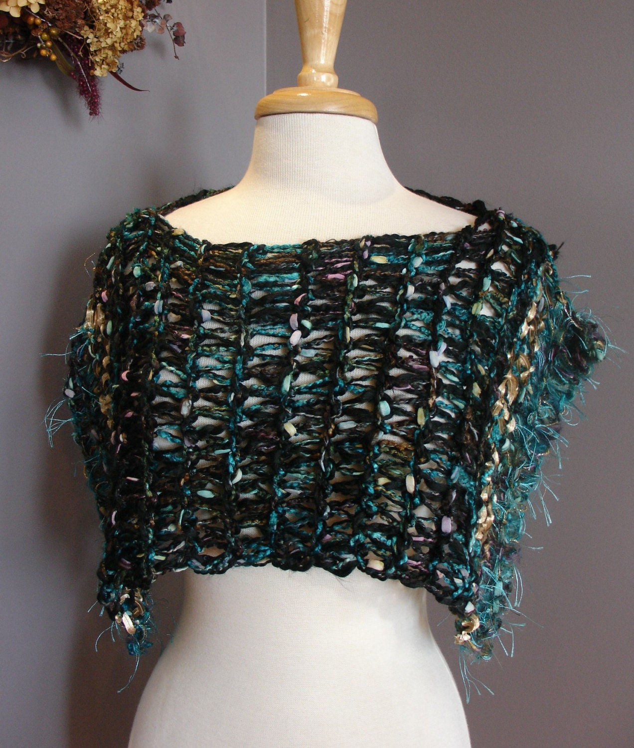 NEW Poncholette in saturated teal, black, gold with hints of eggplant and jewel tones - Hand knit shoulder wrap