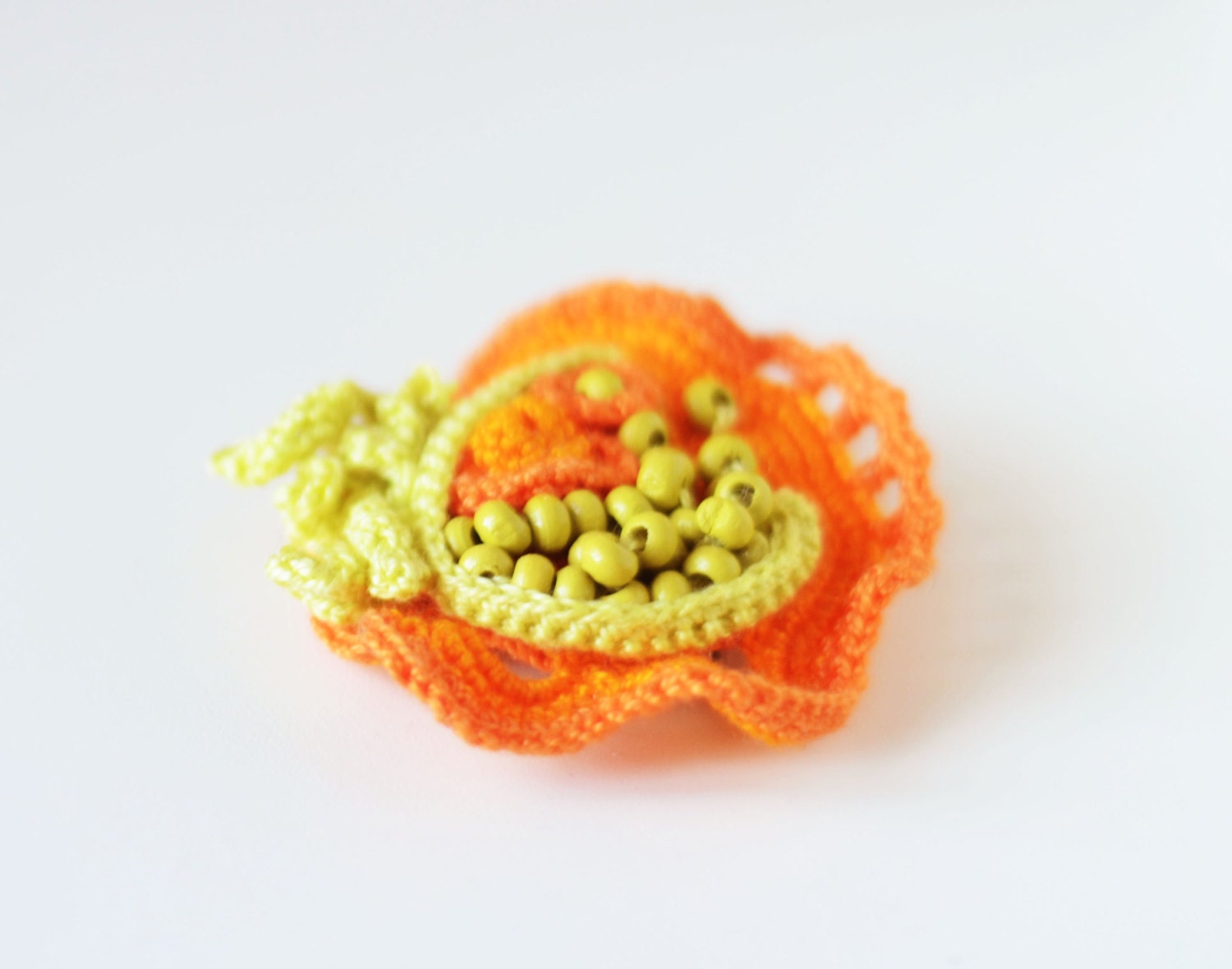 Abstract fiber brooch in hot orange and lime - one of  a kind handmade brooch