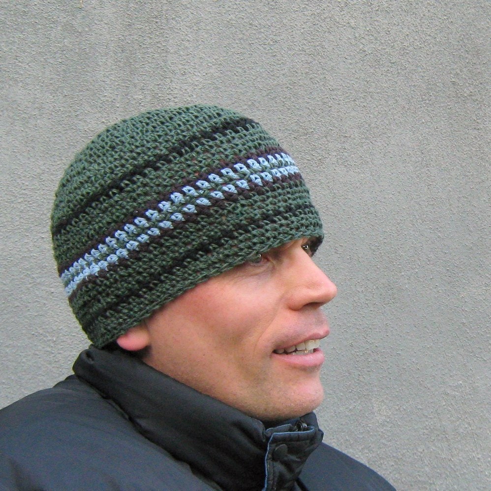 men's hemp beanie/ avocado green n' blues crochet