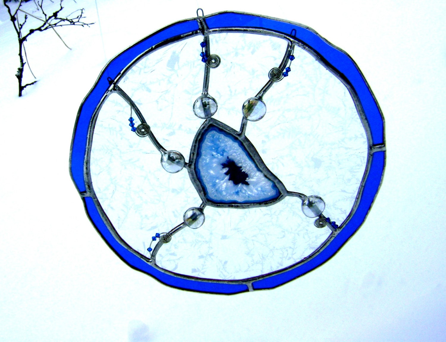 Easter Stained Glass Celtic Snow Goddess Queen of Winter Valentines Mothers Day Wedding Bridal Scotland Antique Sapphire Blue OOAK