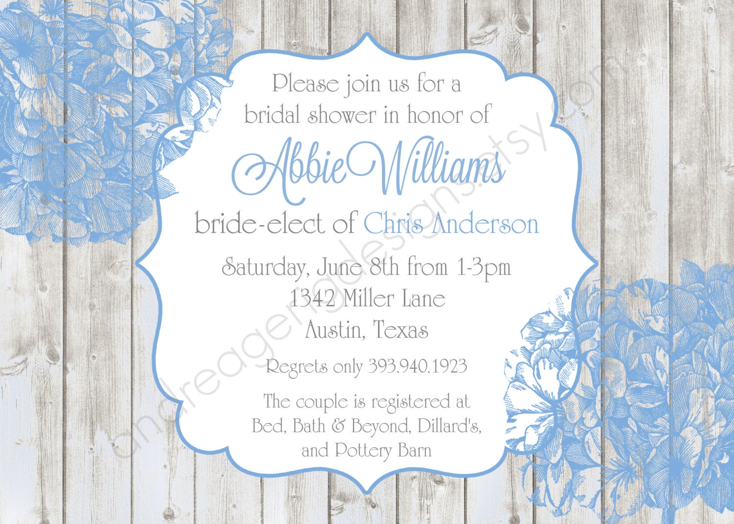 Abbie- Hydrangea and Barn wood Bridal Shower Invitation - PRINTABLE INVITATION DESIGN