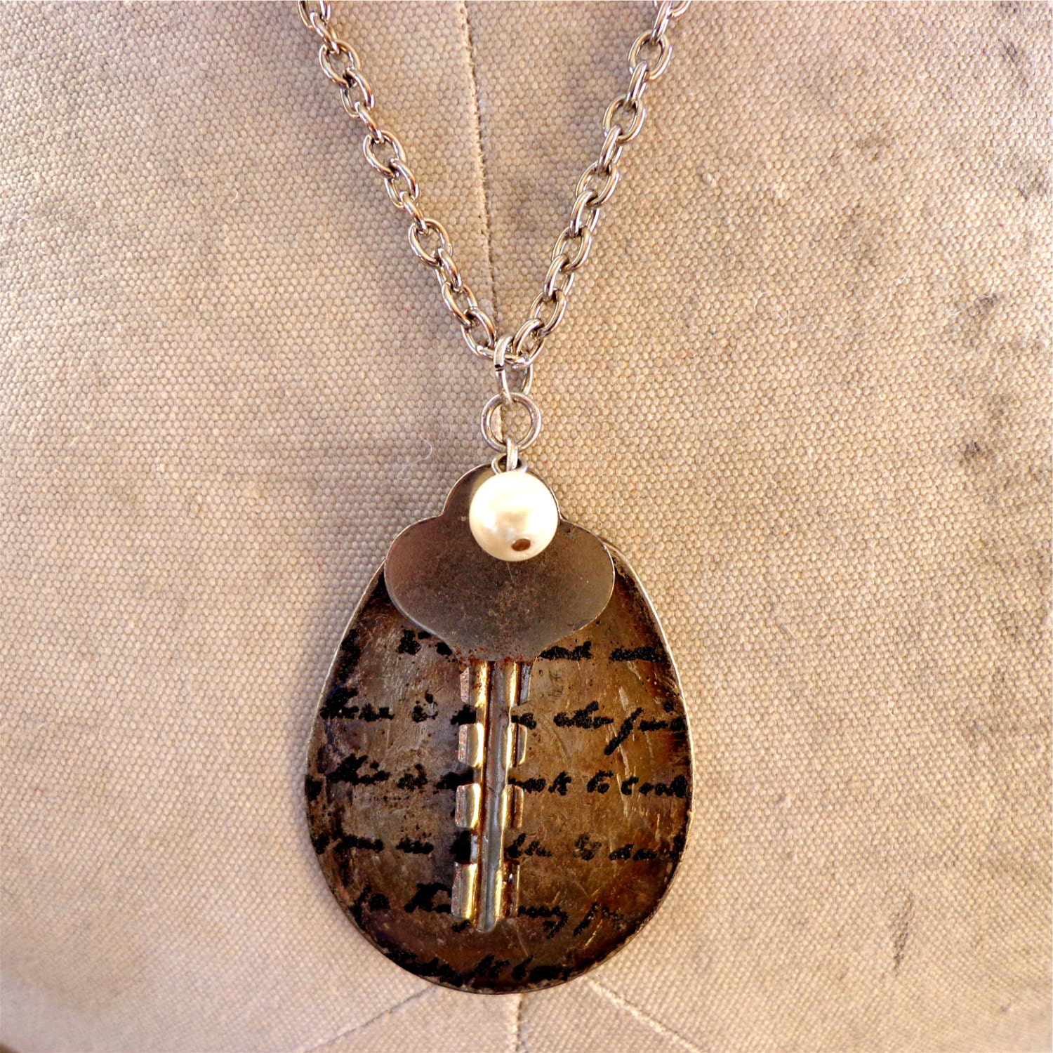 Vintage Silver Spoon Necklace / Script with a Key and Pearl