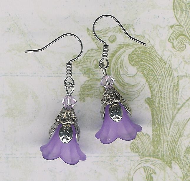 50% off SALE-Antique Silver Delicate Lavender Lucite Petunia Earrings