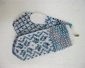 Handknitted norwegian mittens for children i white with many shades of tourqoise