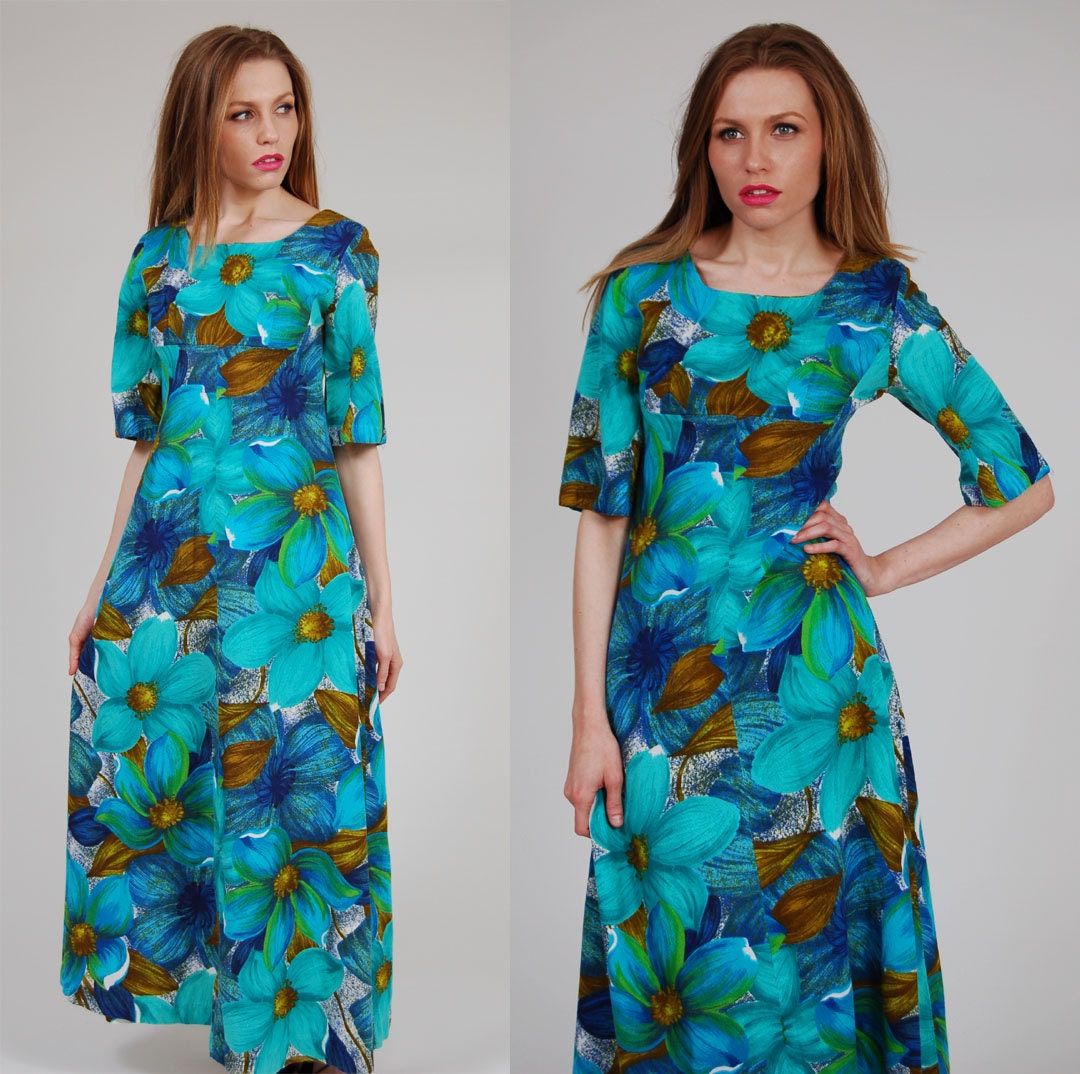 Vintage 60s HAWAIIAN Maxi Dress Turquoise & Cobalt Blue Exotic Floral Rockabilly Retro Caftan