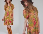 Vintage 80s TROPICAL Floral Mini Dress Oversized Watercolor Print Babydoll Medium