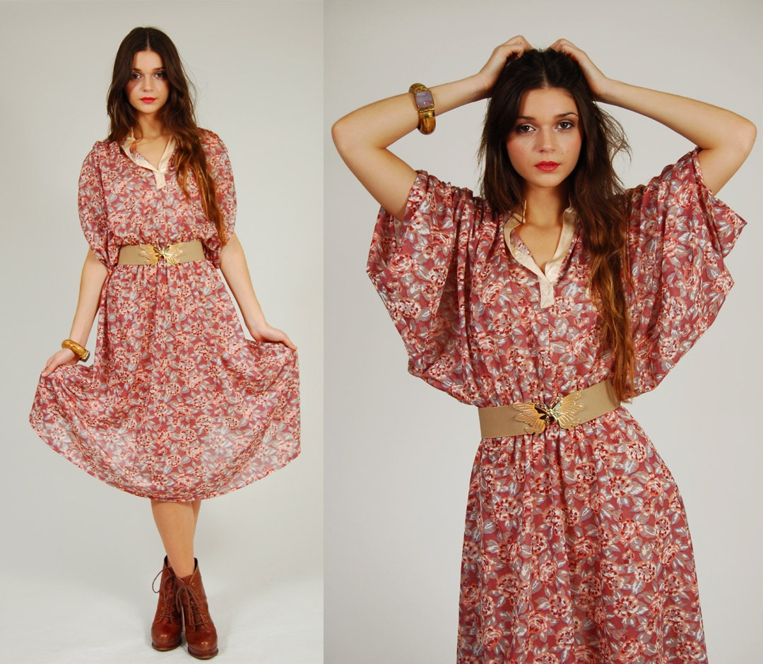 Vintage 70s Rose FLORAL Dress Puff Sleeve Midi S/M