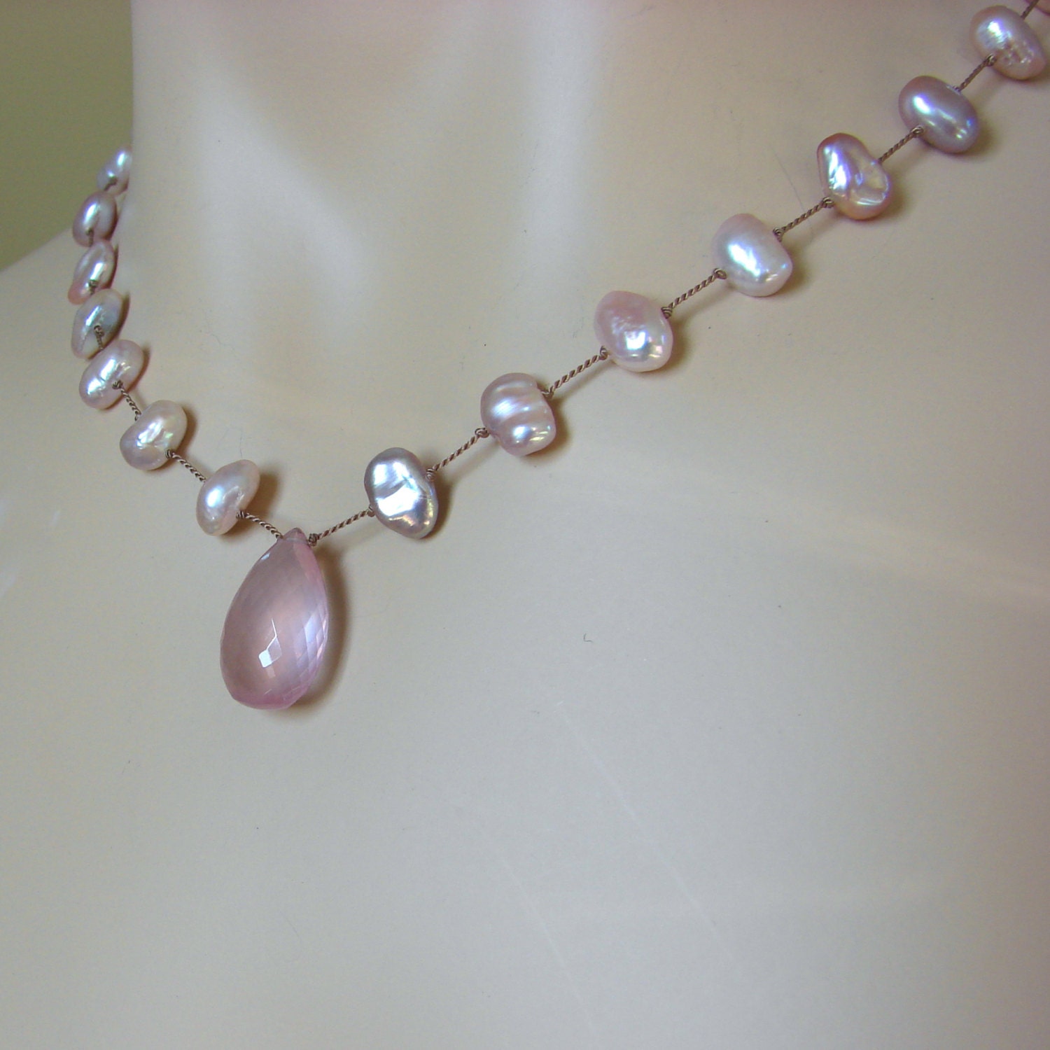 Silk Knotted Necklace with Rose Quartz and Keshi Pearls