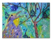 Colorful Bird abstract watercolor painting fine art 8x10 in mat modern woodland aqua green bright wall decor