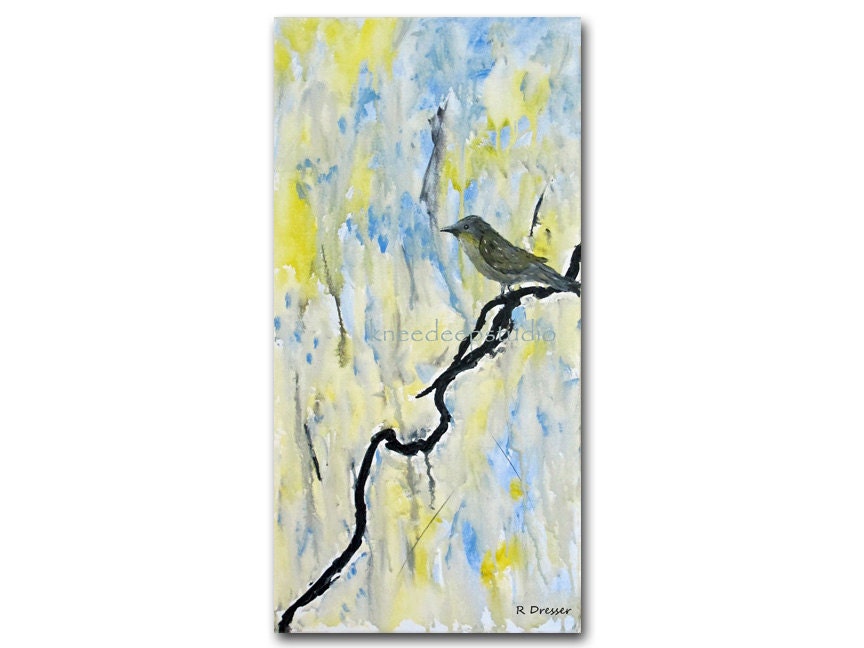 Rainy Day Bird 12x24 acrylic on canvas fine art painting soft pastels blue yellow bird art modern wall decor