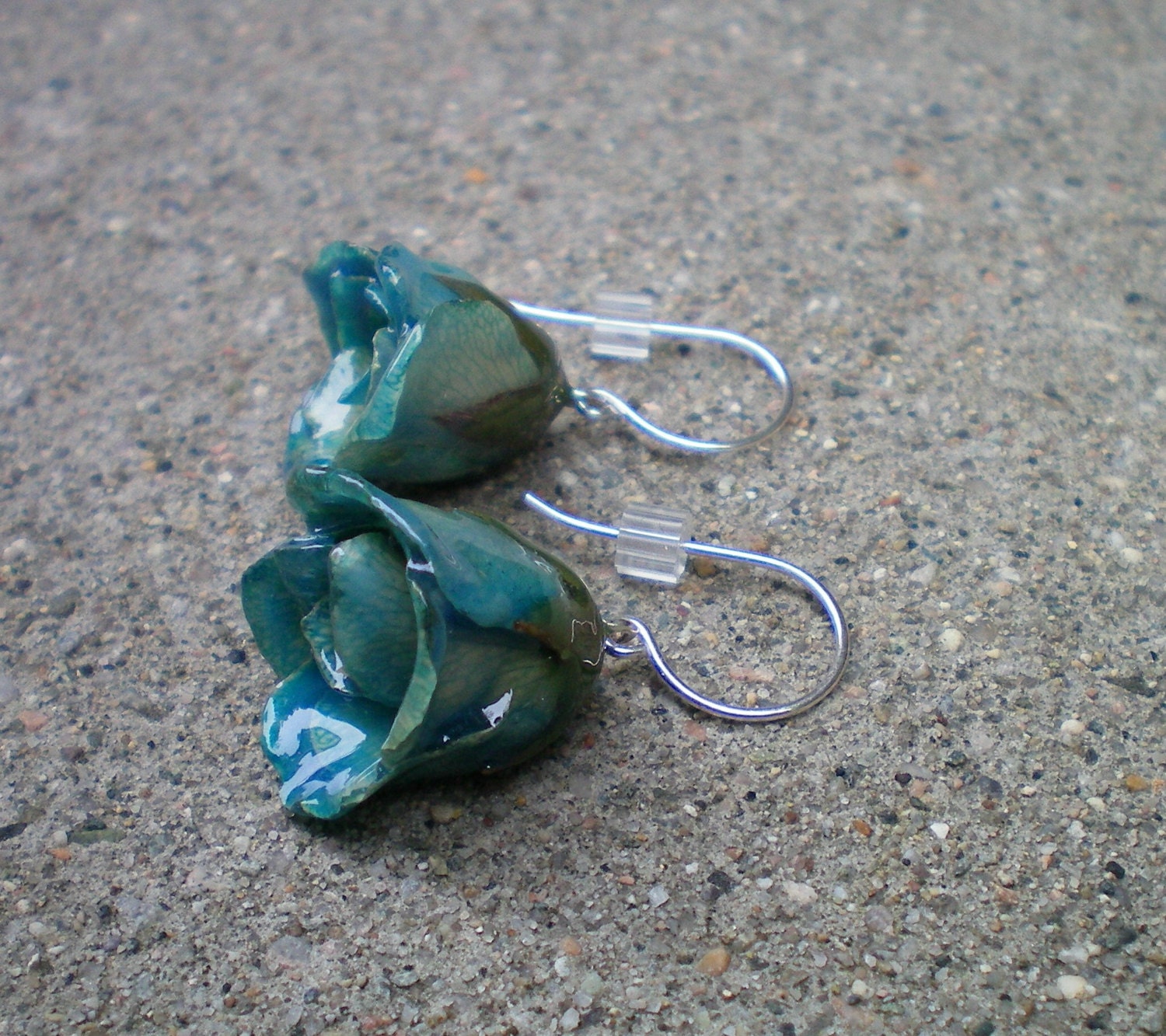 REAL Blue ROSEBUD Sterling Silver Dangle French Hook Earrings