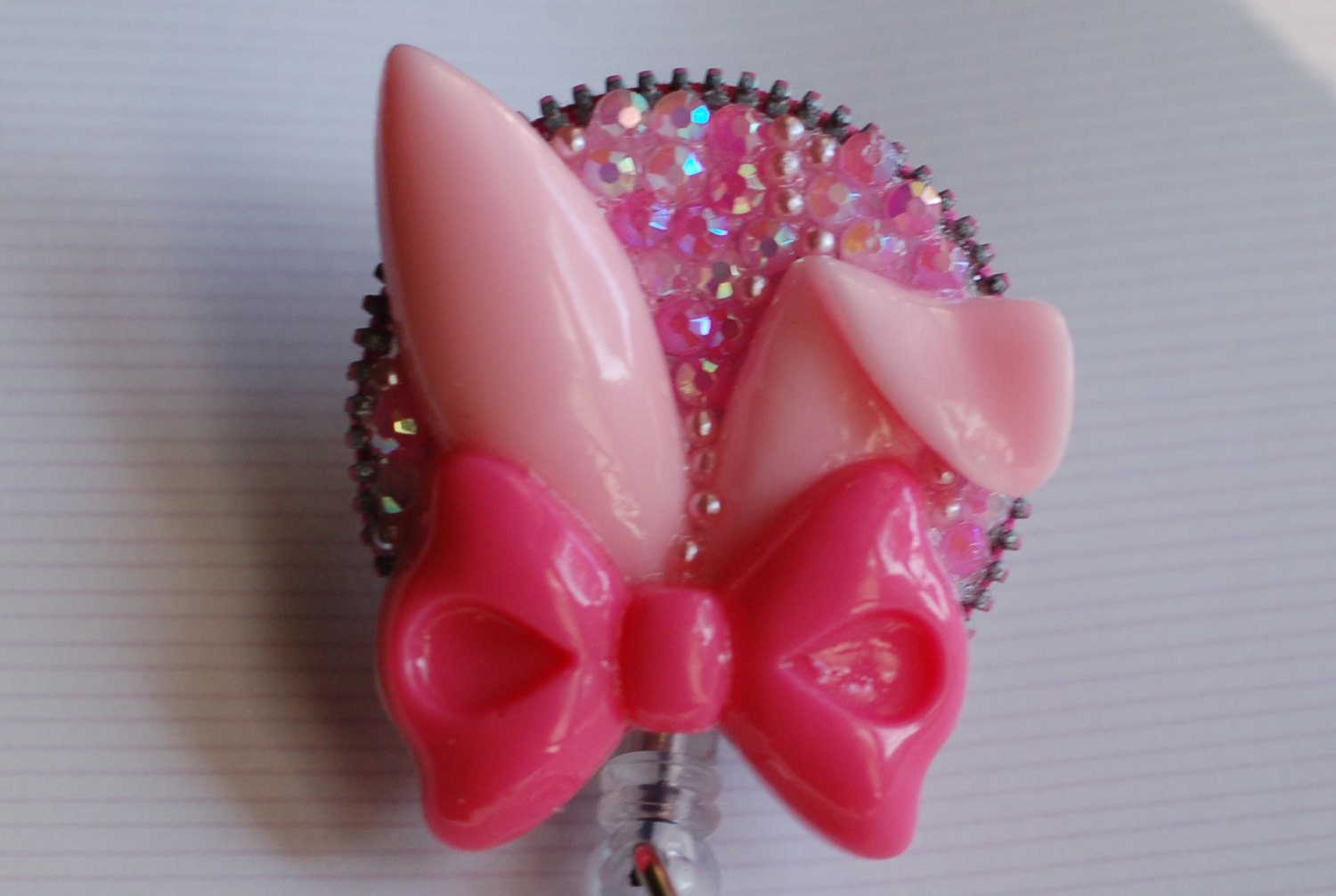 Hot Pink Girly Bunny Ears Vintage Zipper ID Badge Reel