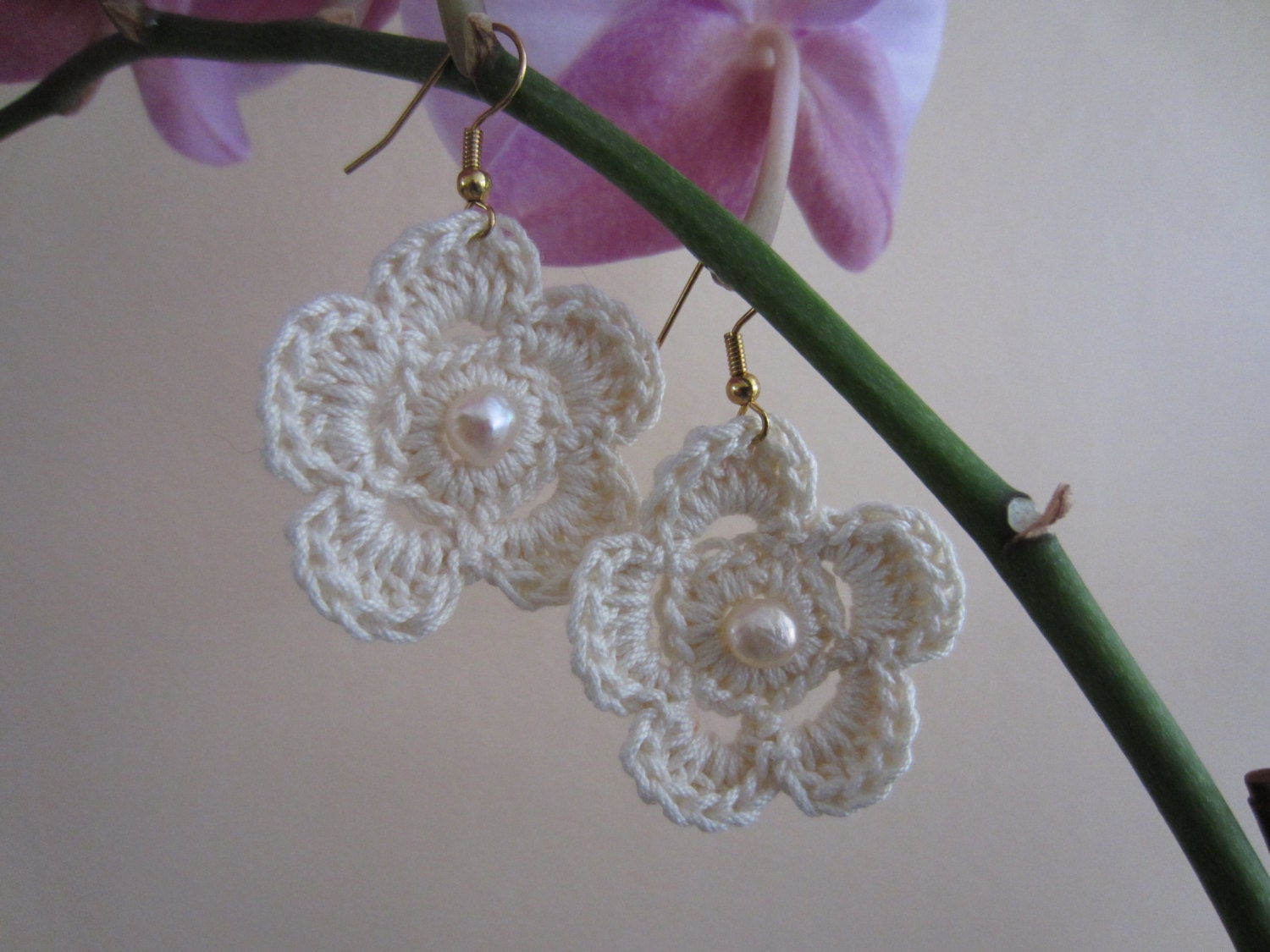 Crochet Flower Earrings, Winter White French Cotton &  Fresh Water Pearls, Dangling, Trendy,  Women, Teens