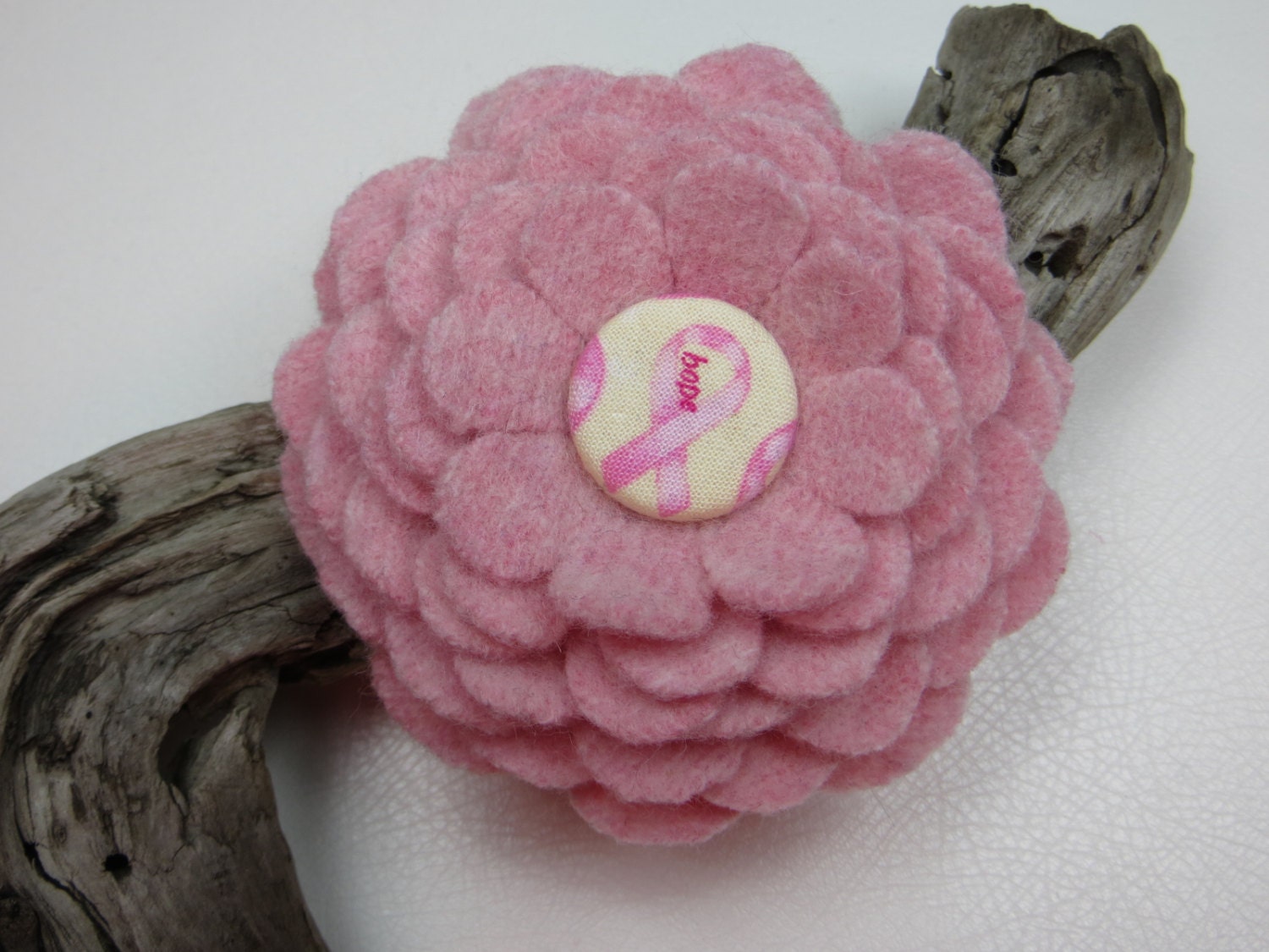 Hope - Cotton Candy Pink Lambwool Flower Brooch Pin with Breast Cancer Awareness Button Center
