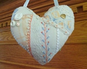 Peach Blue Heart Crazy Quilt Pillow