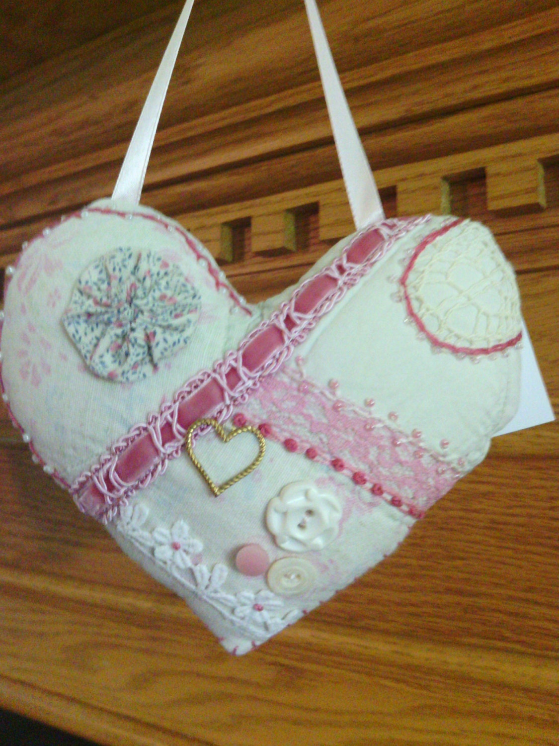 Rose Pink Heart Crazy Quilt Pillow