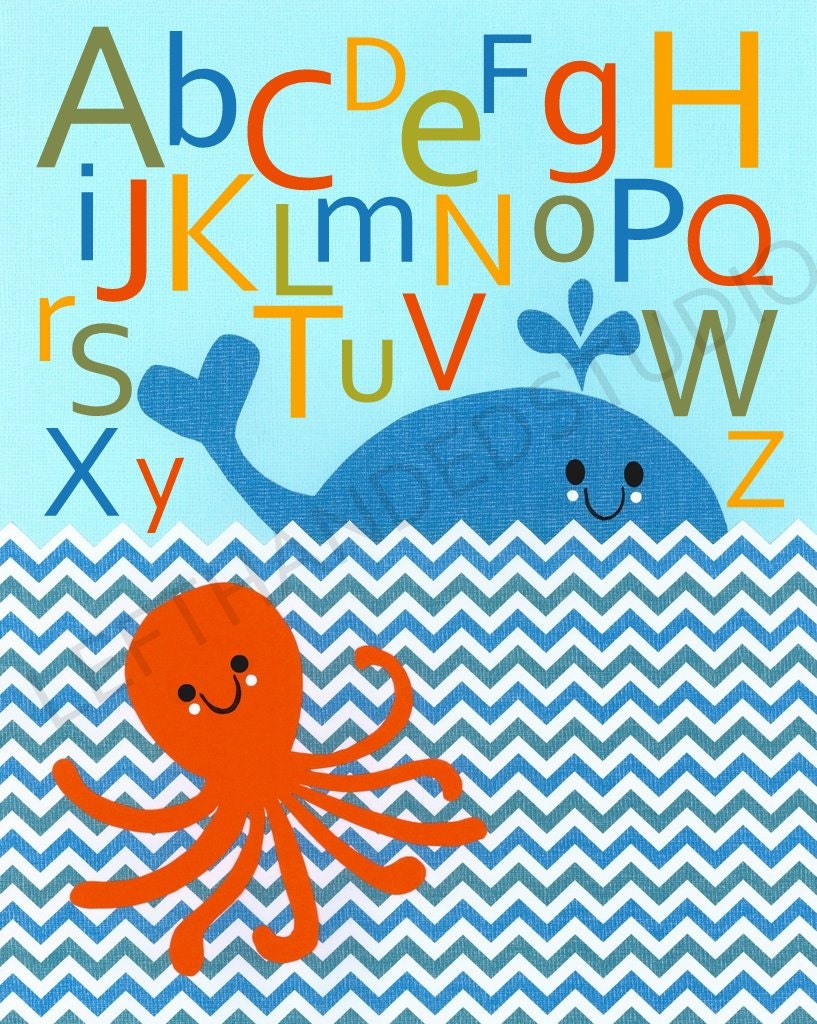 Target Circo ABC Print, WHALE and OCTOPUS,  Alphabet Art Print, Children's Art Print, 8x10, By Left Handed Studio