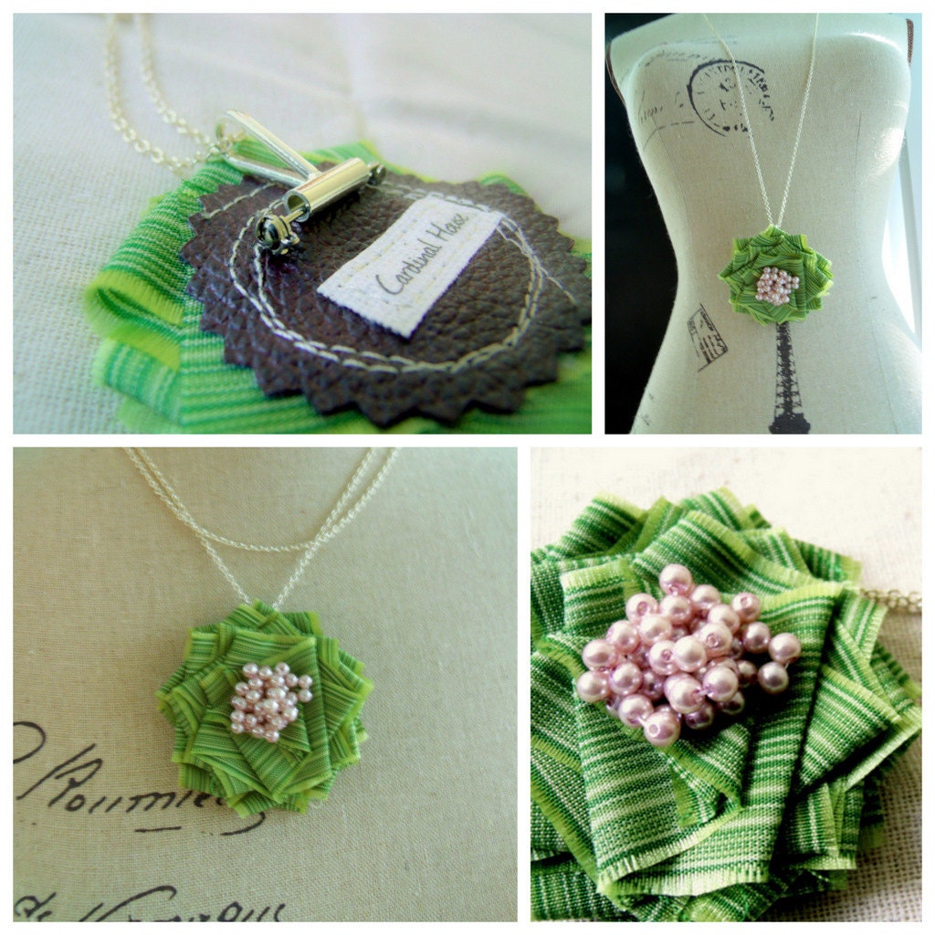 Irene Brooch Pendant Necklace. Green stripe and lilac beaded flower pendant on long chain necklace handmade by Cardinal House in Atlanta.