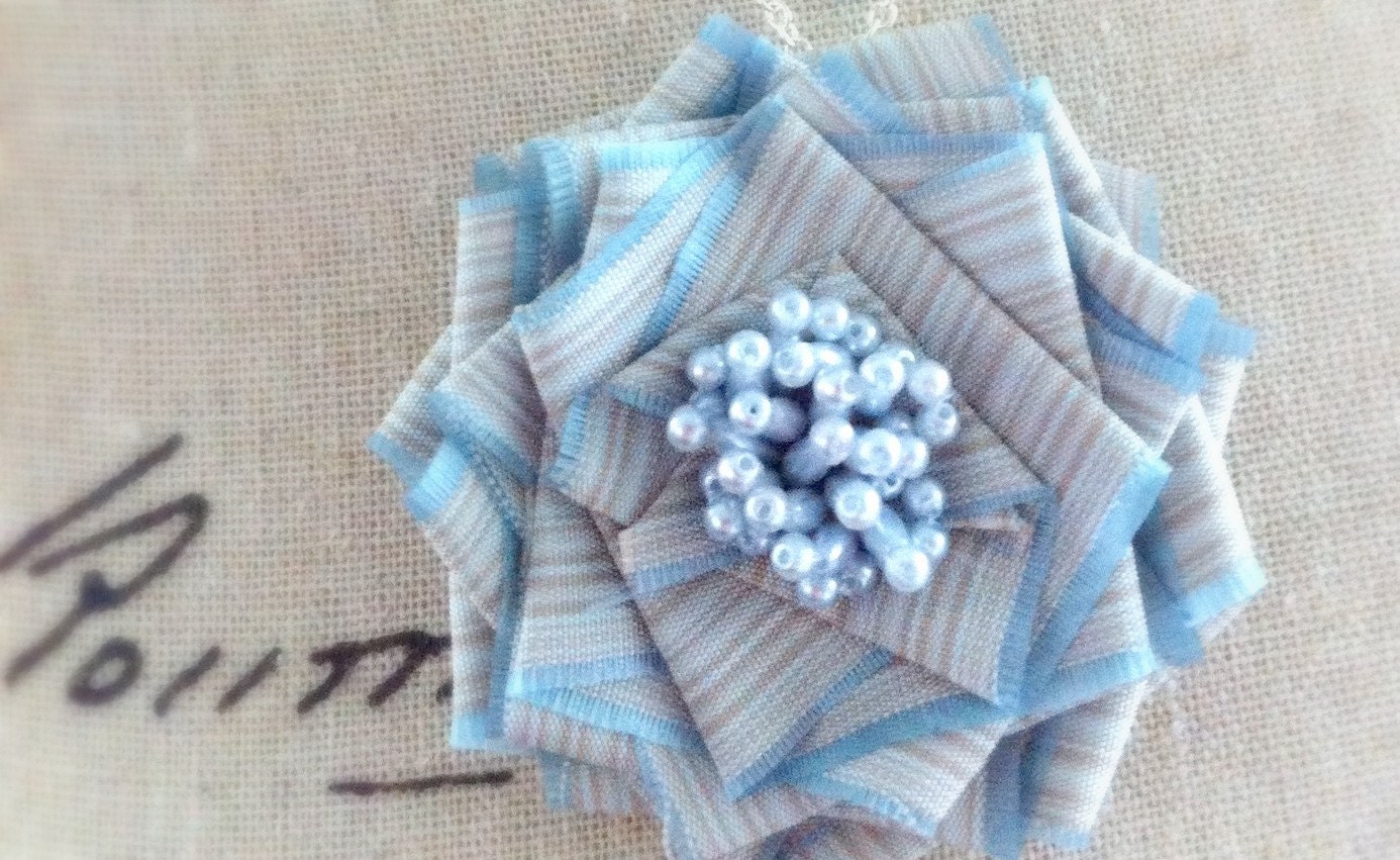 Irene Brooch Pendant Necklace. Ice blue and taupe beaded flower pendant on long chain necklace handmade by Cardinal House in Atlanta.