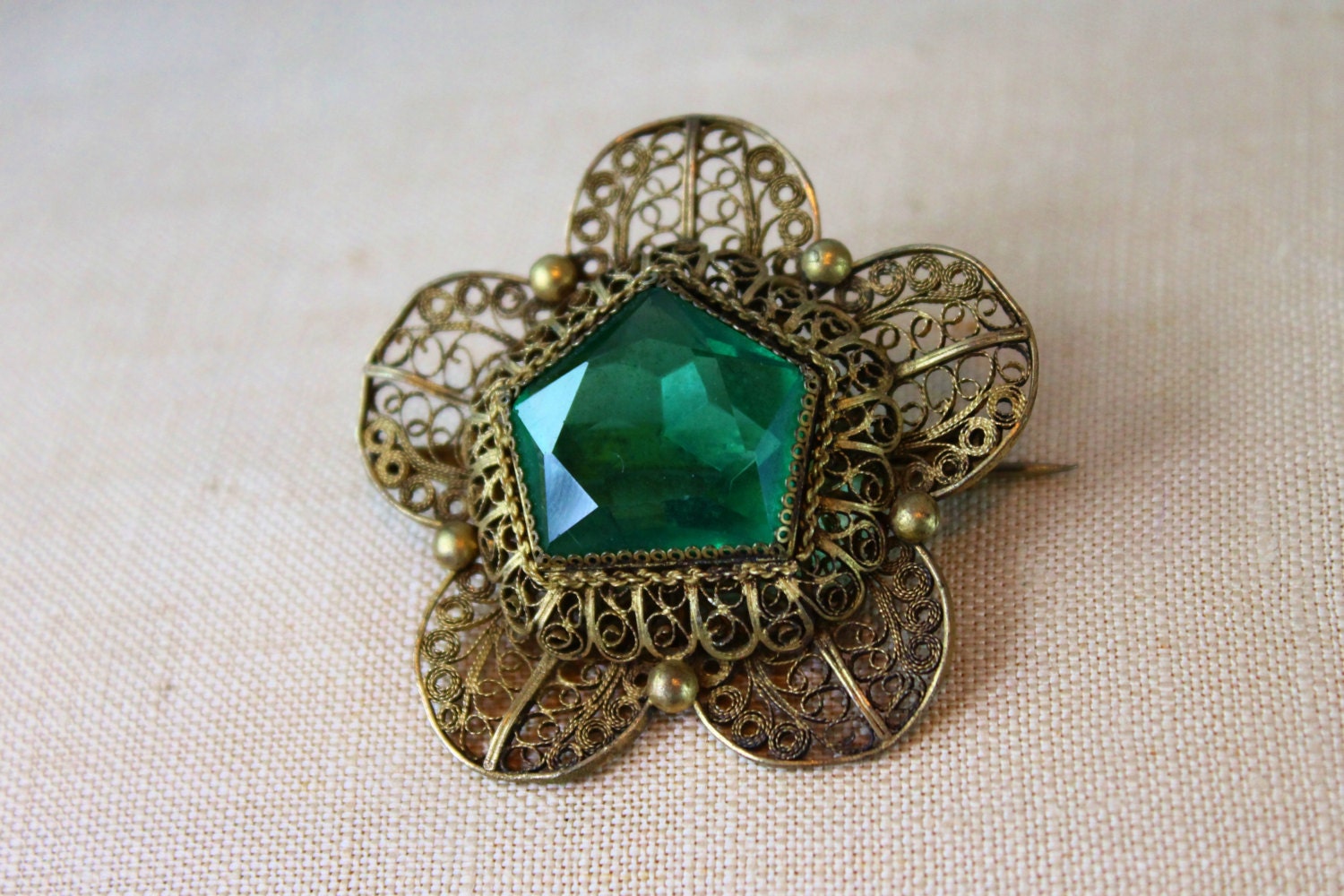 Art Nouveau Brooch / Filigree Brooch / Czech Glass Brooch /  Brass