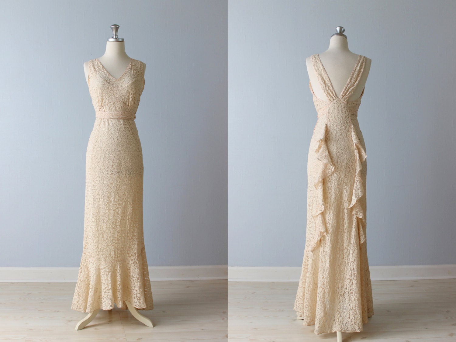 1930s Wedding Dress / 30s Wedding Gown / 30s Lace Dress / Pink Blush