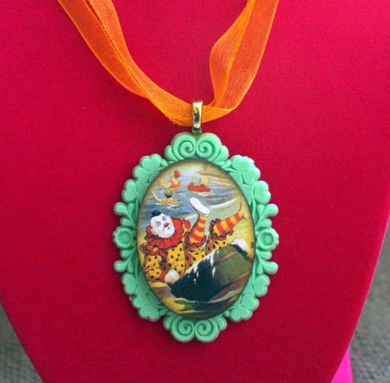 Vintage Circus Theme Wood Pendant Clown in Wooden Tub