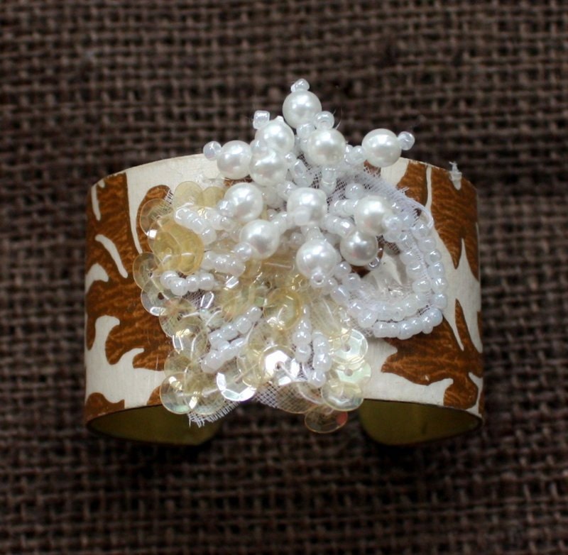 Vintage Wallpaper Cuff Bracelet with Sequin and Pearl Embellishment