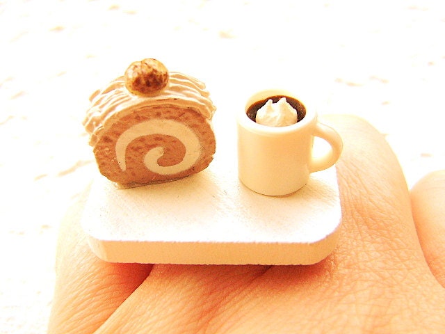 Japanese Ring  Coffee  And Chestnut Roll Cake Miniature Food Jewelry