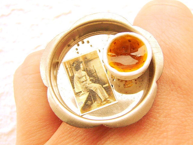 Japanese Food Ring Green Tea Vintage  Miniature Food Jewelry