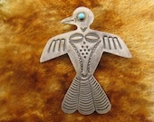 Brooch - Sterling Silver - Turquoise - Thunder Bird Brooch - Native American Brooch Pin - Southwestern Jewelry - Stamped Handmade