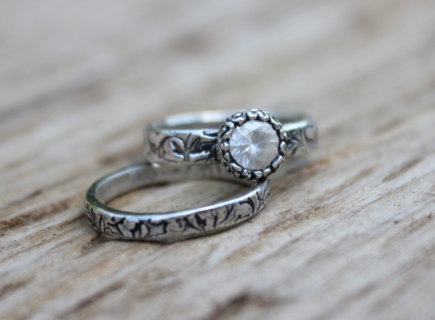 white sapphire halo engagement ring wedding band set . recycled silver vine rings . engraved literary quote