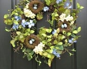 Shabby Chic Wreath, Country Charm Decor, Country French Wreaths, Bird's Nest Wreath, Blue Robin Eggs. Blue Flowers,  Spring Nature Wreath