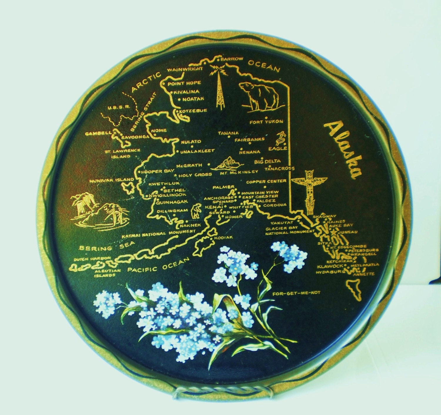 Tole Tray Souvenir Tray of Alaska State Map Black n Gold Mid Century Tourist Travel Keepsake Collectible Momento Vintage Blue White Flora
