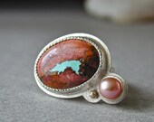 Turquoise Ring, Nevada Boulder Turquoise, Freshwater Pearl, Sterling Silver, 14kt Gold