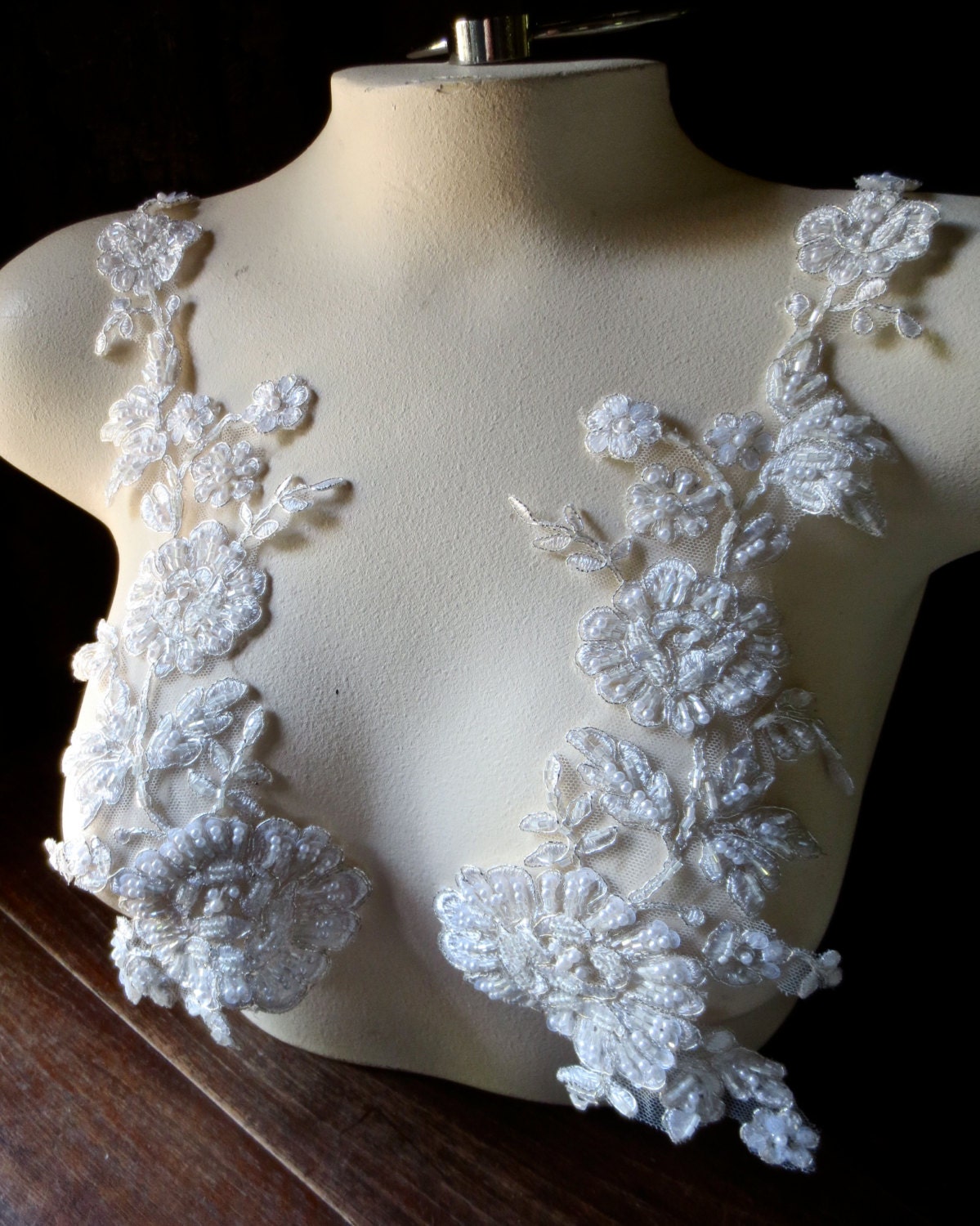 Beaded Applique Pair in Off White and Silver Lace for Bridal, Sashes, Headbands, Costume Design PR
